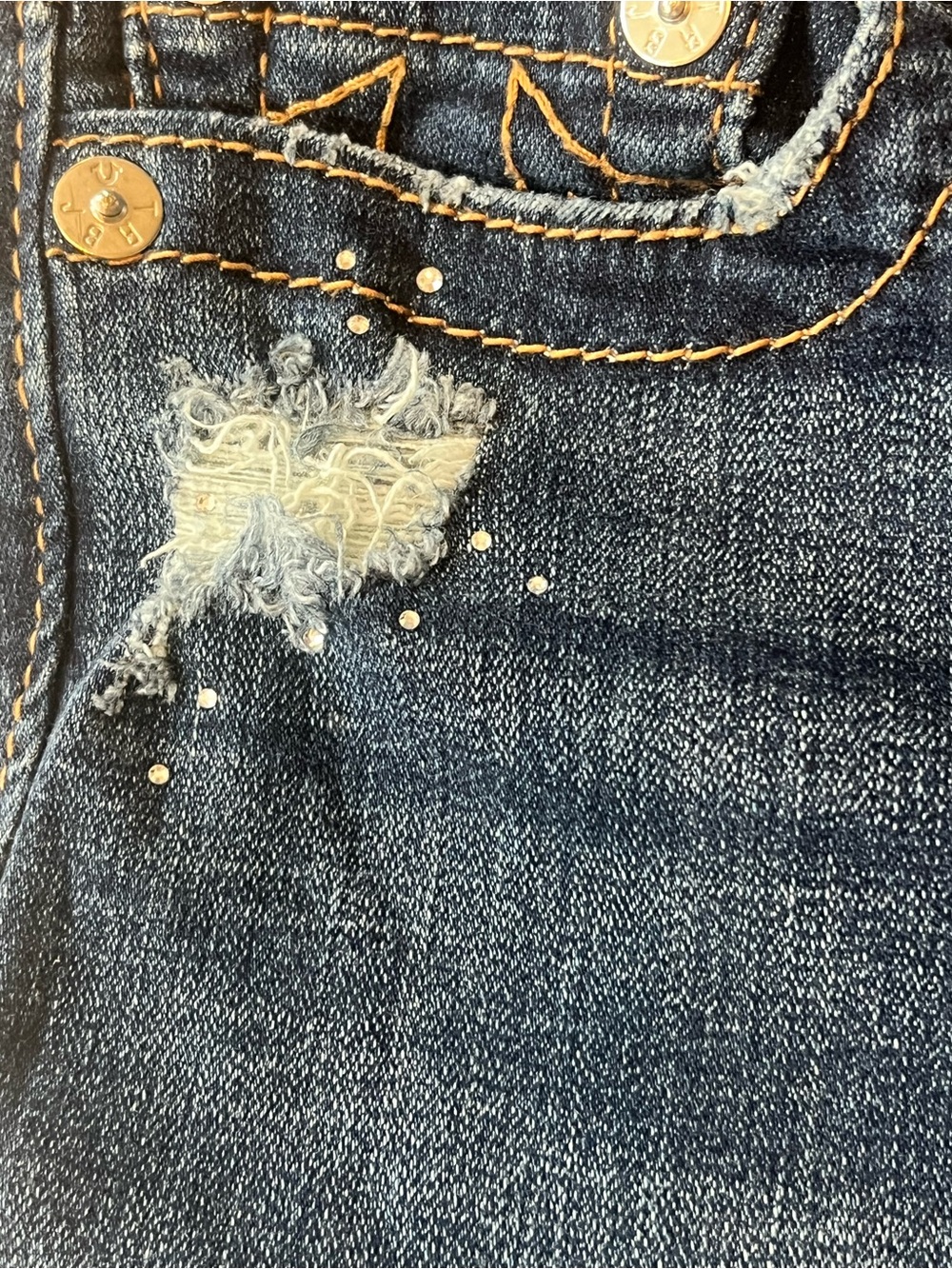 True Religion Dark Blue Straight Leg Jeans with Stud Accents
